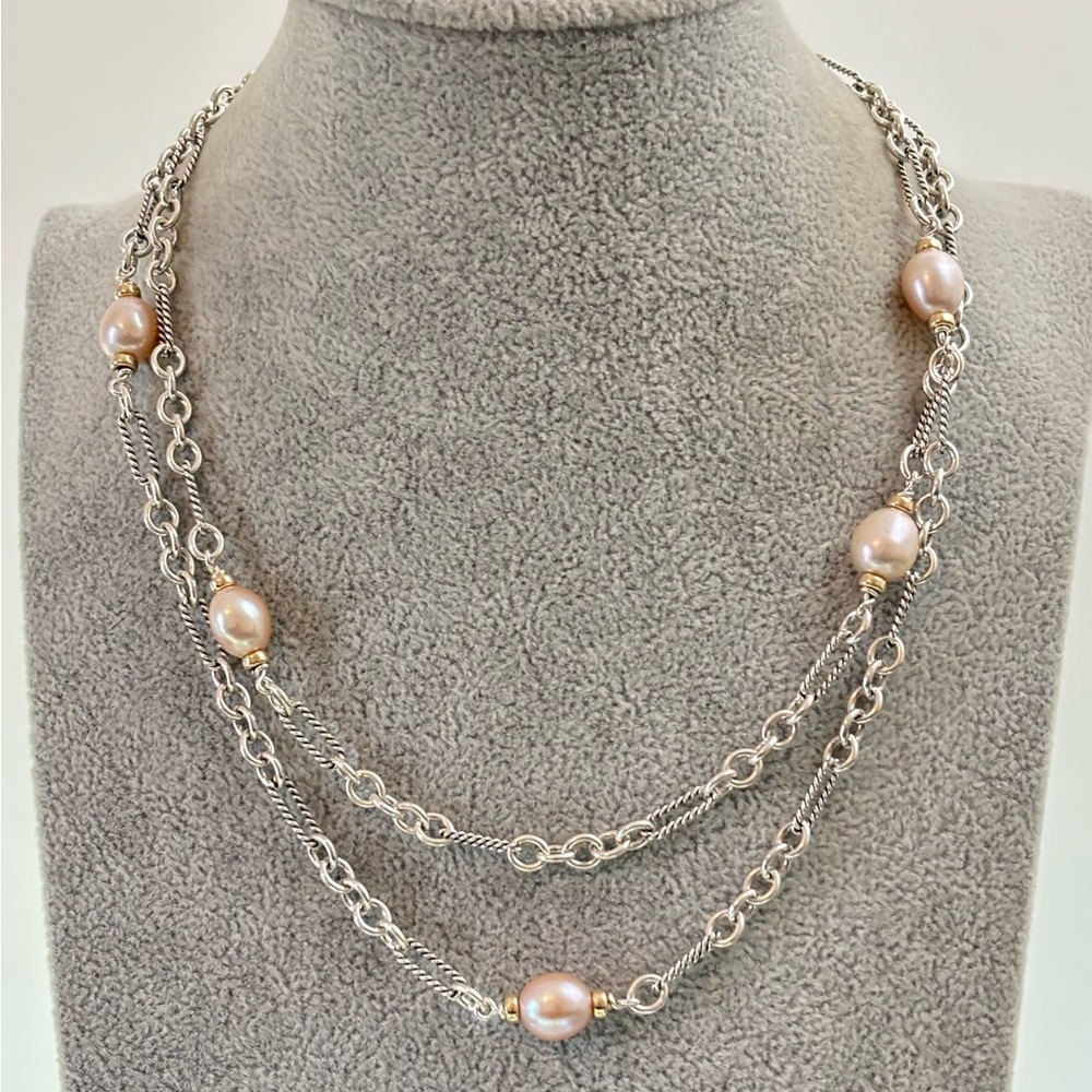 David Yurman 925 & 18k Gold Bijoux Pearl Station Necklace 36.5"